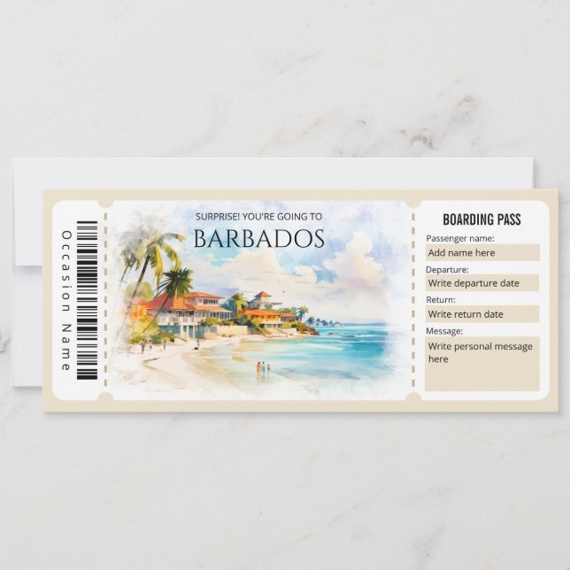 Editable Barbados Plane Boarding Pass Ticket Invitation (Front)