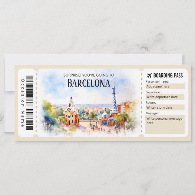 Editable Barcelona Plane Boarding Pass Ticket Invitation (Front)