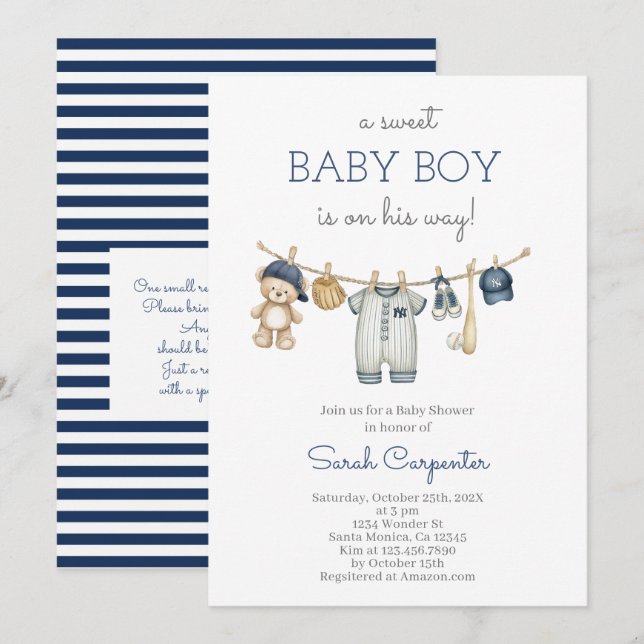 Editable Baseball Baby Shower Boy Invitation (Front/Back)