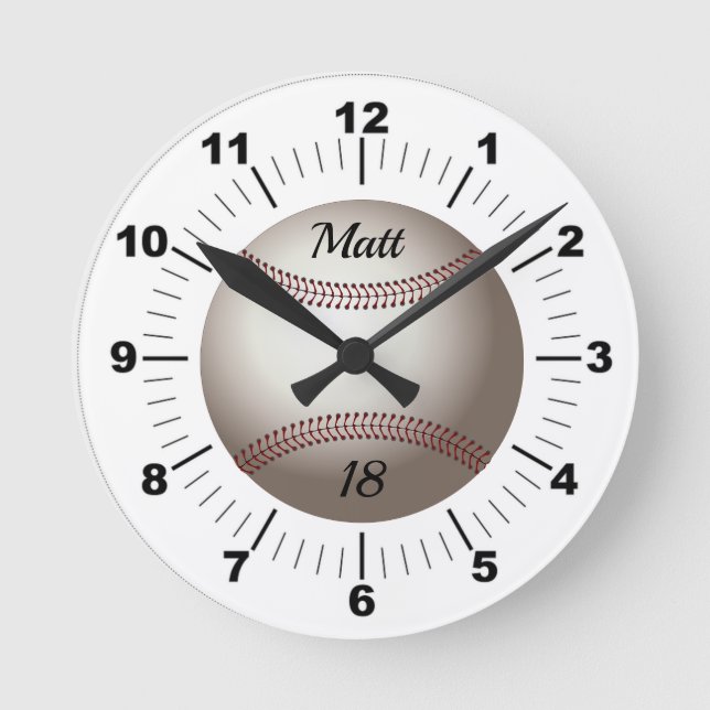 Editable Baseball Name and Team Number Round Clock (Front)