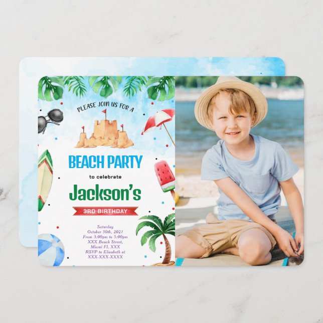 Editable Beach Birthday Photo Invitations (Devant / Derrière)