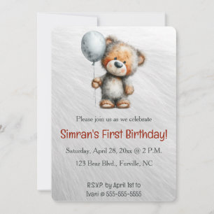 Editable Bear and a Balloon Birthday Invitation