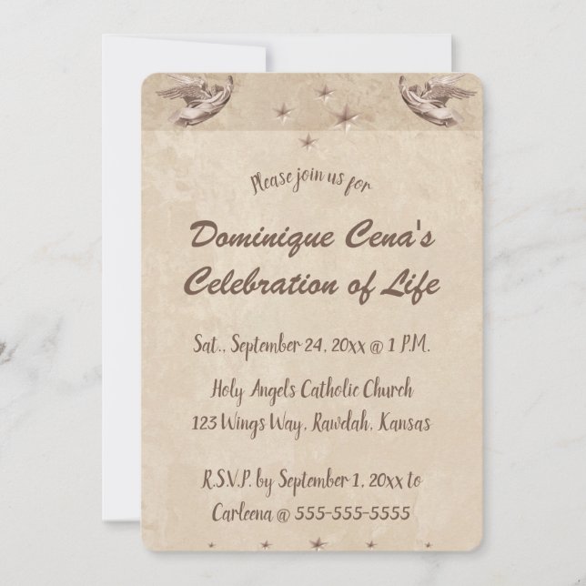 Editable Beige Angels Stars Celebration of Life Invitation (Front)
