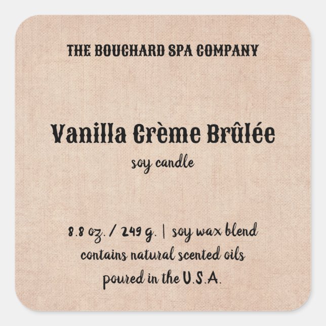 Editable Beige Linen Candle Label (Front)