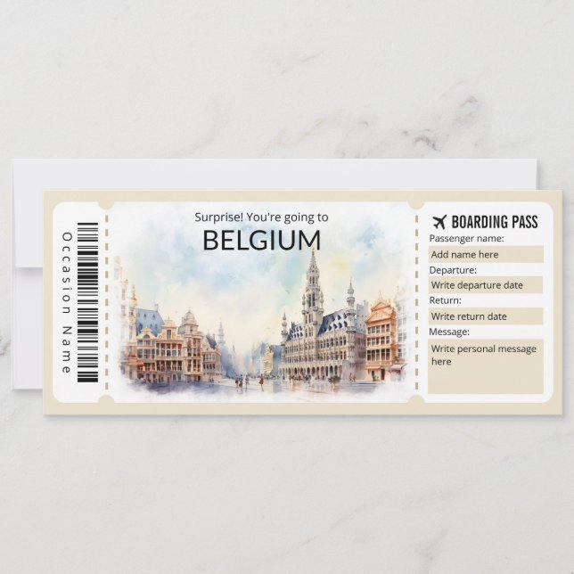 Editable Belgium Plane ticket, Belgium Trip Invitation (Front)