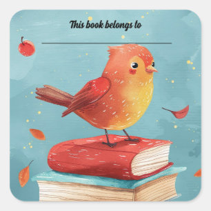 Editable Bird on Books Bookplate Sticker