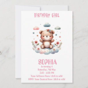 Editable Birthday Girl Teddy Bear Invitation 🧸💖