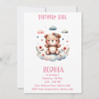 Editable Birthday Girl Teddy Bear Invitation 🧸💖
