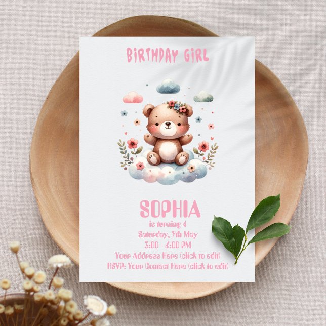 Editable Birthday Girl Teddy Bear Invitation 🧸💖 (Creator Uploaded)