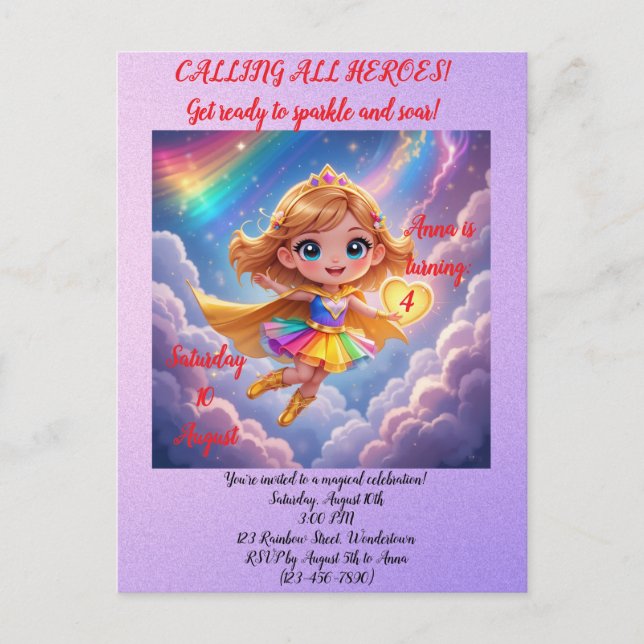 Editable Birthday Invitation – Superheroine Theme (Devant)