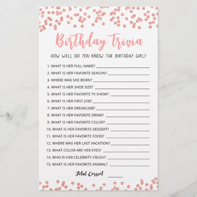 Editable Birthday trivia Birthday party game (Front)