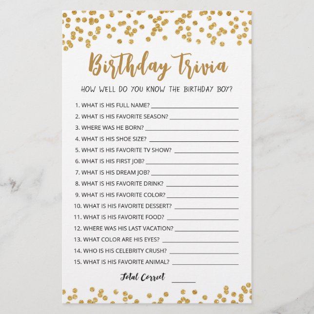 Editable Birthday trivia Birthday party game (Front)