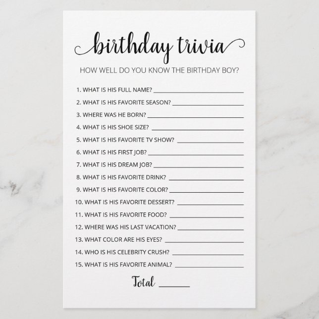 Editable Birthday trivia Birthday party game (Front)