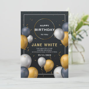 Editable Black And Gold Balloon Adult Birthday  Invitation