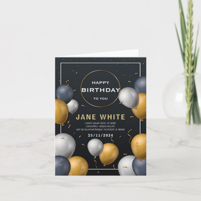 Editable Black And Gold Balloon Adult Birthday  Invitation (Front)