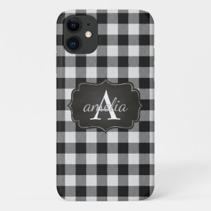 EDITABLE Black and White Buffalo Plaid Monogrammed iPhone 11 Case