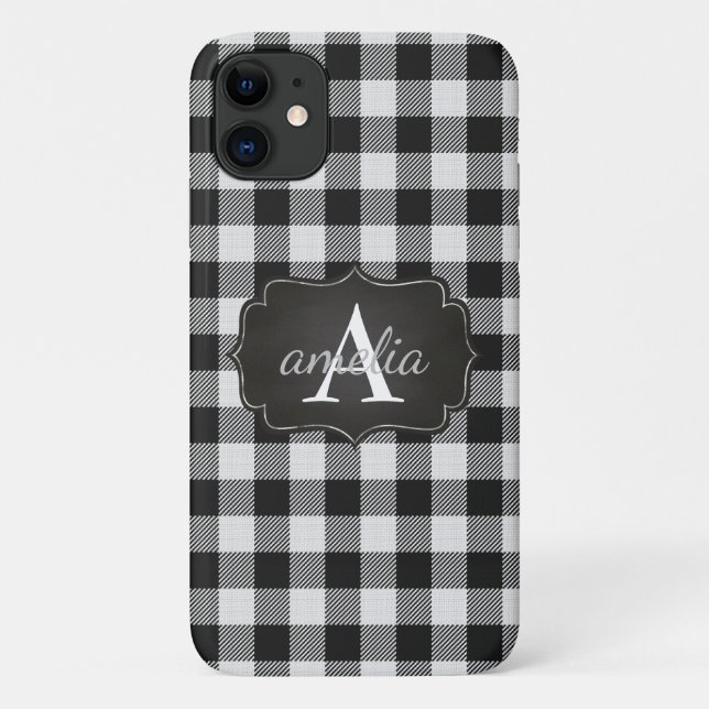 EDITABLE Black and White Buffalo Plaid Monogrammed Case-Mate iPhone Case (Back)