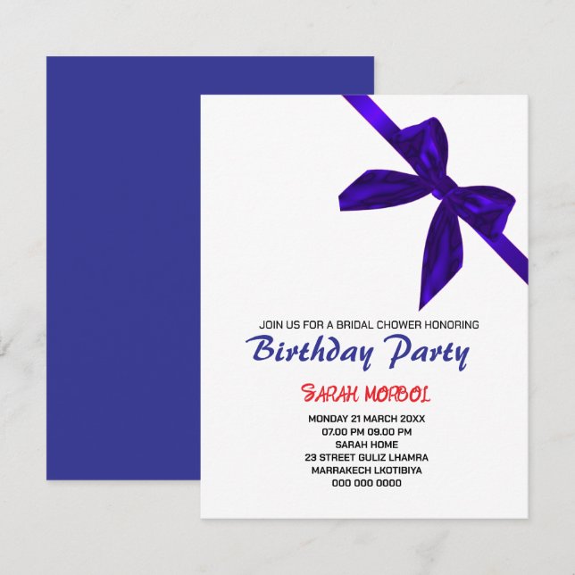 Editable Black Bow Birthday, Invitation Template,  (Front/Back)