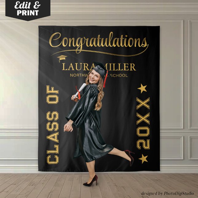 Editable Black & Gold Graduation Photo Backdrop Tapestry (Editable Black & Gold Graduation Photo Backdrop)