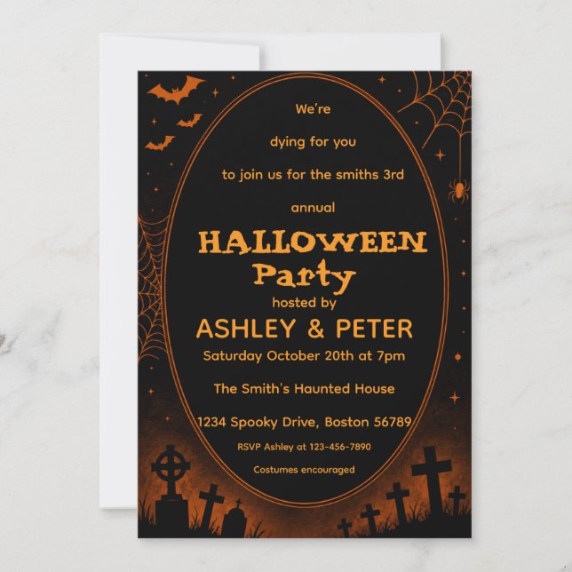 Editable Black & Orange Halloween Party Invitation (Front)
