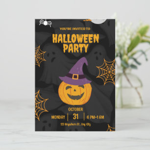 Editable Black Orange Pumbkin Halloween Party Invitation