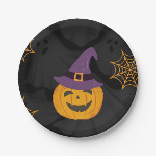 Editable Black Orange Pumbkin Halloween Party Paper Plate