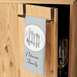 Editable Black, White and Gray Silverware Utensils Kitchen Towel
