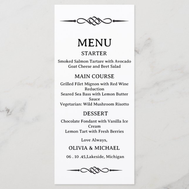 Editable Black & White Celtic Knot Arrow Wedding Menu (Front)