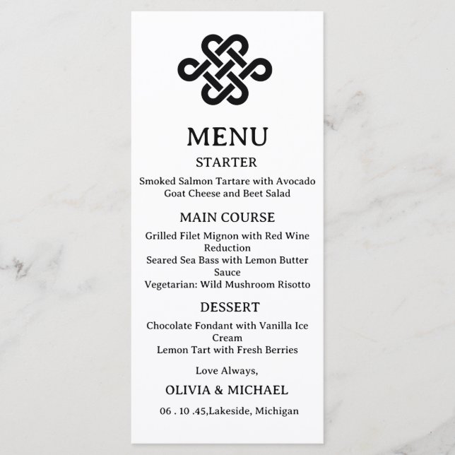 Editable Black & White Trinity Celtic Knot Wedding Menu (Front)