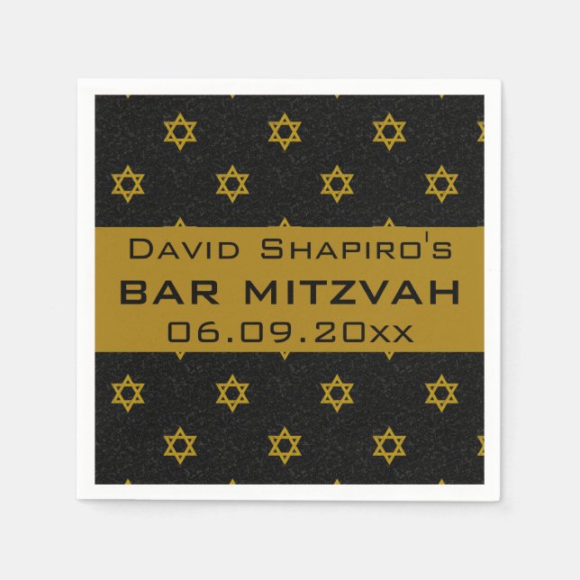 Editable Blue and Gold Star of David Bar Mitzvah Napkin (Front)