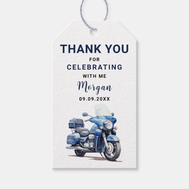 Editable Blue Birthday Motorbike Thank You Tag (Front)