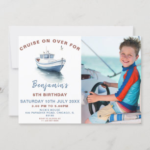 Editable Blue Boat Theme Birthday Photo Invitation