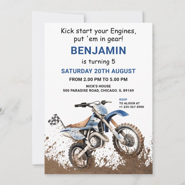 Editable Blue Dirt Bike Birthday Invitation (Front)