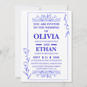Editable Blue Floral Wedding Invitation Card