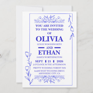 Editable Blue Floral Wedding Invitation Card