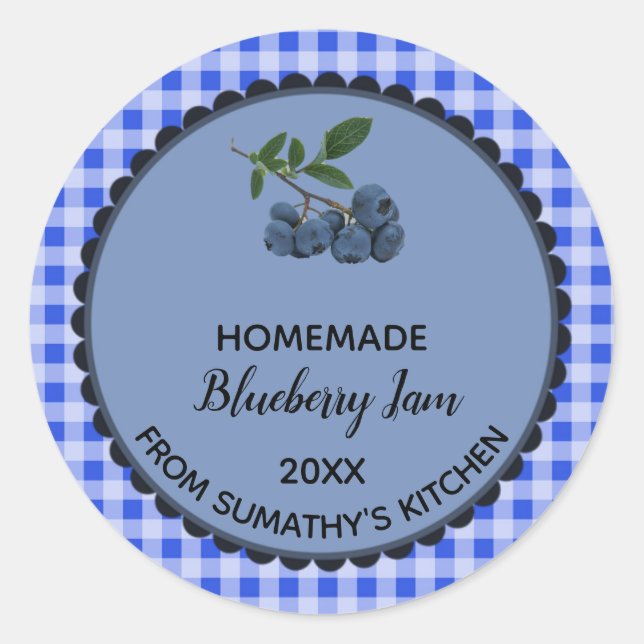 Editable Blue Gingham Blueberry Jam Label Sticker (Front)