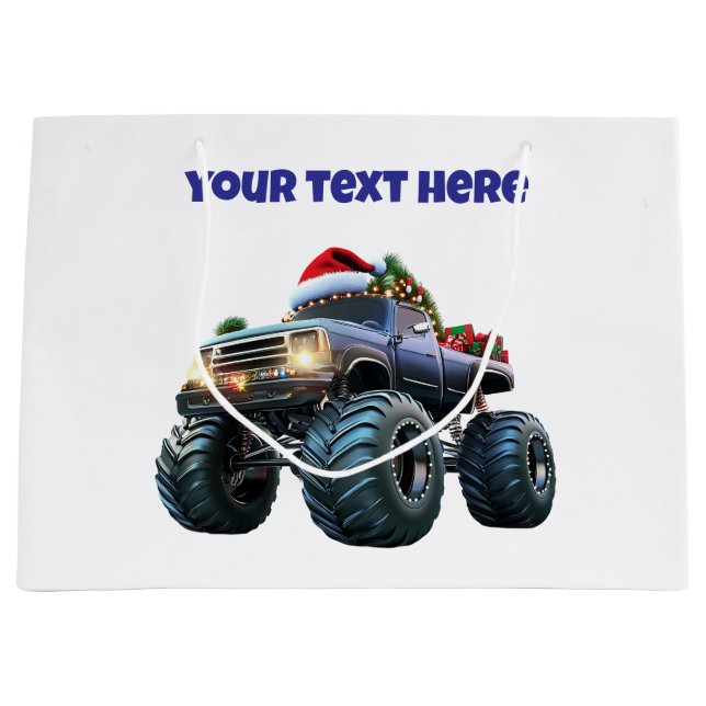 Editable Blue Monster Truck Christmas Gift Bag (Front)