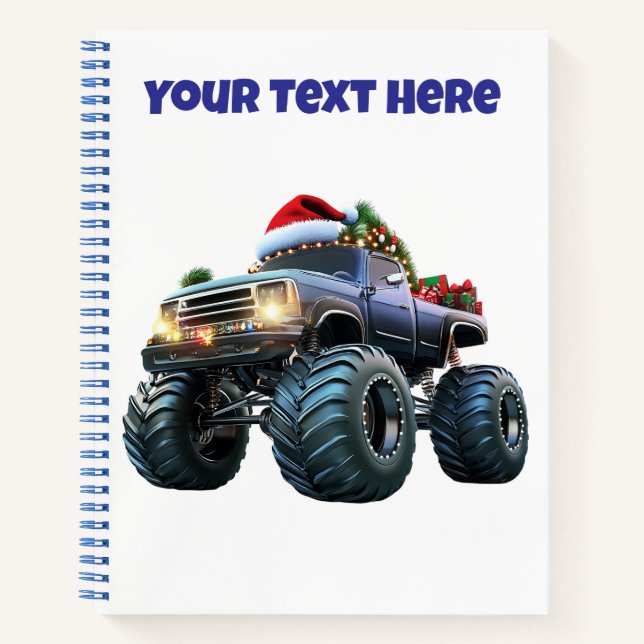 Editable Blue Monster Truck Christmas Spiral Noteb Notebook (Front)