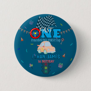 Editable Blue Racing Boy 1st Birthday Invitation 2 Inch Round Button