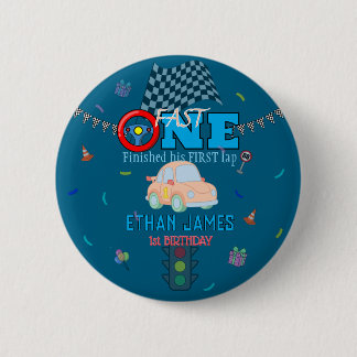 Editable Blue Racing Boy 1st Birthday Invitation 2 Inch Round Button