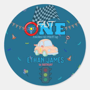 Editable Blue Racing Boy 1st Birthday Invitation Classic Round Sticker