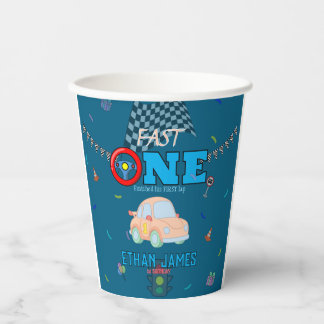 Editable Blue Racing Boy 1st Birthday Invitation Paper Cups