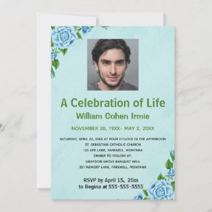 Editable Blue Roses  Photo Celebration of Life   Invitation