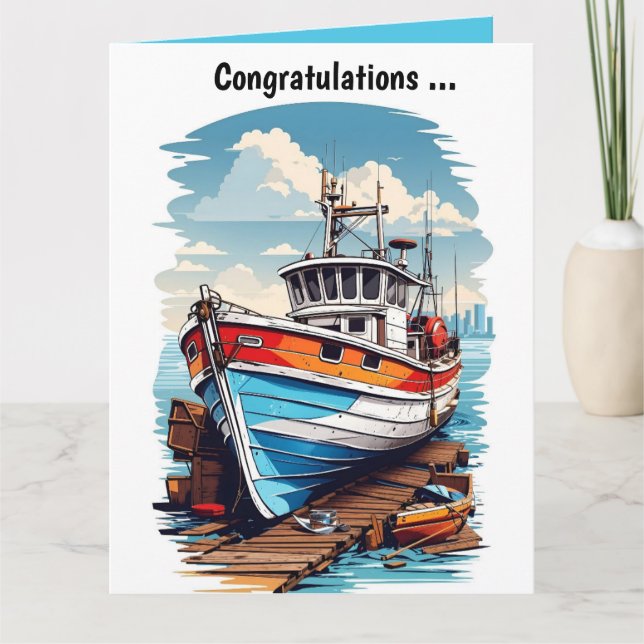 Editable Boat by the Dock Congratulations Card (Front)