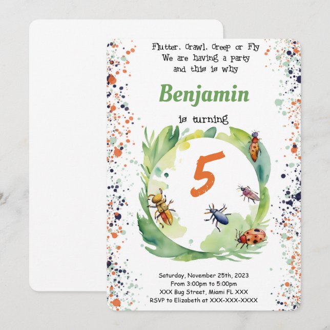 Editable Boy  Bug Birthday Party Invitation (Front/Back)
