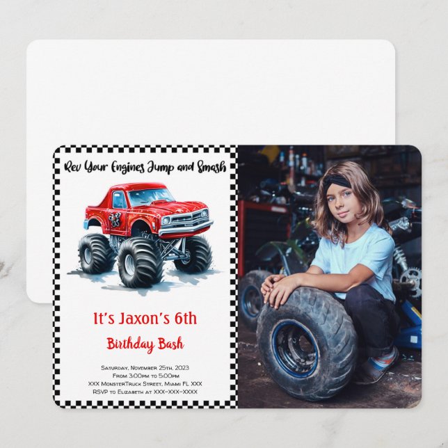 Editable Boy Monster Truck Birthday Photo  Invitation (Front/Back)
