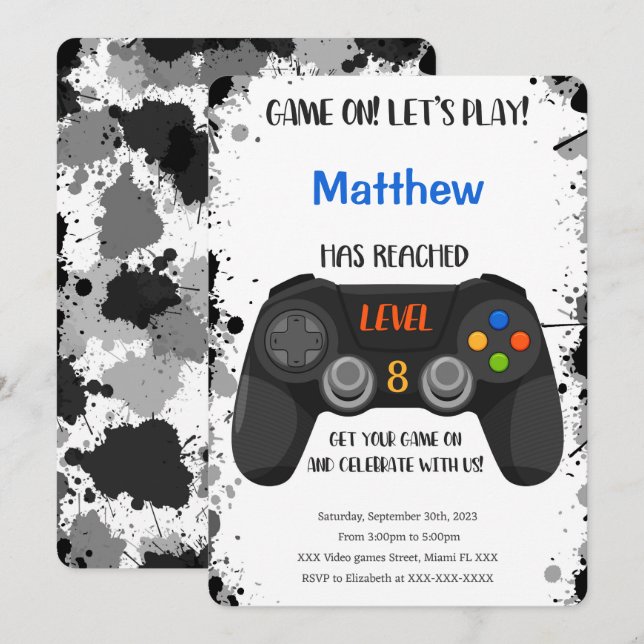 Editable Boy Video Game Birthday Invitation (Front/Back)