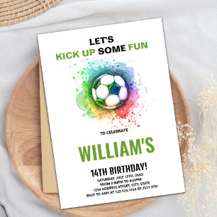 Editable Boys Sports Party Card with Ball & Goal