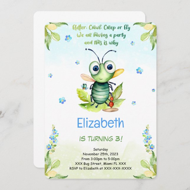 Editable Bug Birthday Invitation (Front/Back)