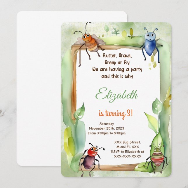 Editable Bug Birthday Party Invitation (Front/Back)